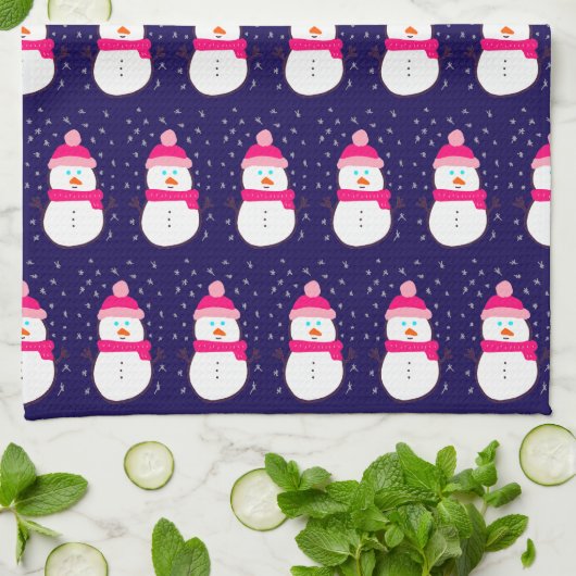 Pink Snowman with Snow Flurry  キッチンタオル (折り畳み)