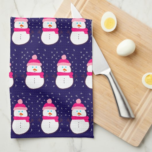 Pink Snowman with Snow Flurry  キッチンタオル (四つ折り)