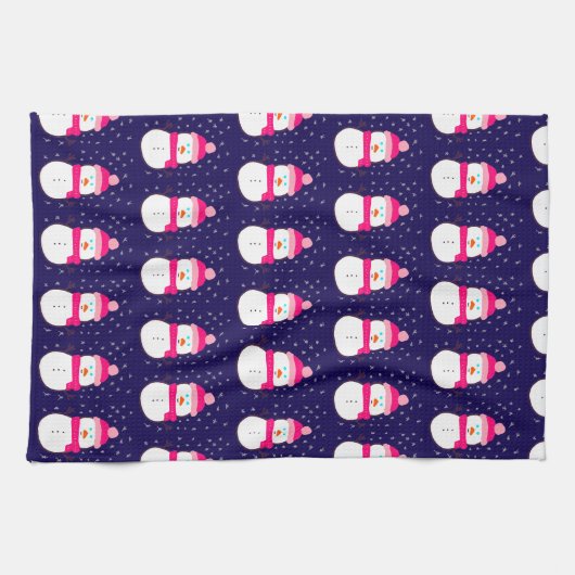 Pink Snowman with Snow Flurry  キッチンタオル (横)