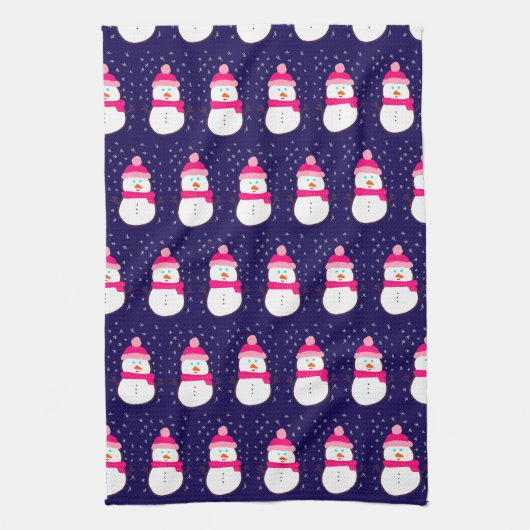 Pink Snowman with Snow Flurry キッチンタオル (縦)