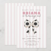 Pink Soccer Ball Bow Girls Soccer Birthday Party  招待状 (正面/裏面)