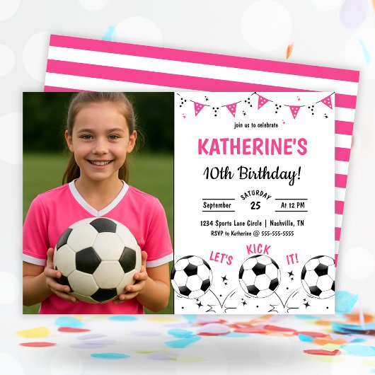 Pink Soccer Birthday Party Photo 招待状