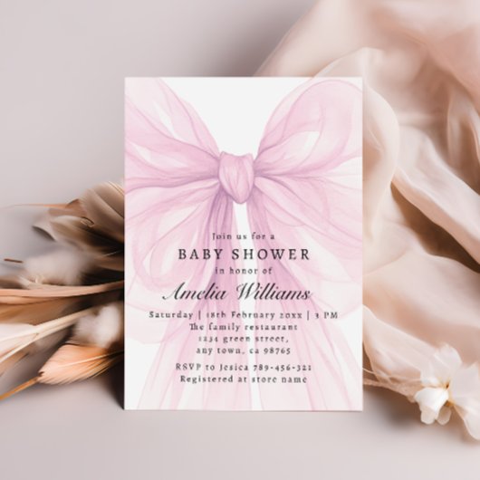 Pink Soft Bow Girl Baby Shower  招待状