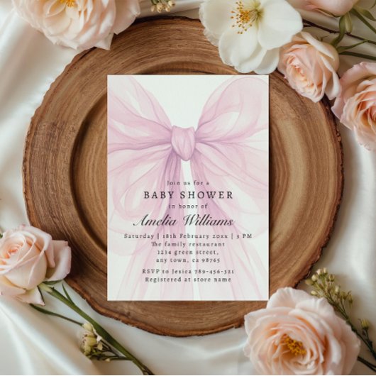 Pink Soft Bow Girl Baby Shower 招待状