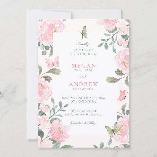 Pink soft floral wedding  招待状 (正面)