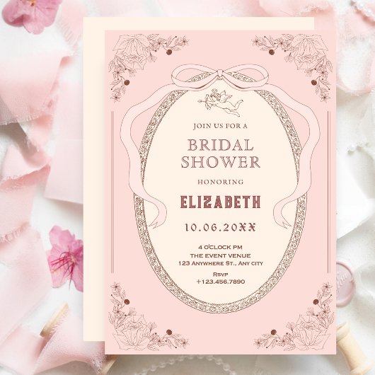 Pink soft vintage classic romantic bridal shower 招待状