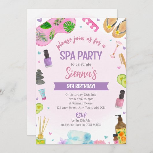 Pink Spa Party Birthday Invitation Pamper & Relax 招待状 (正面/裏面)