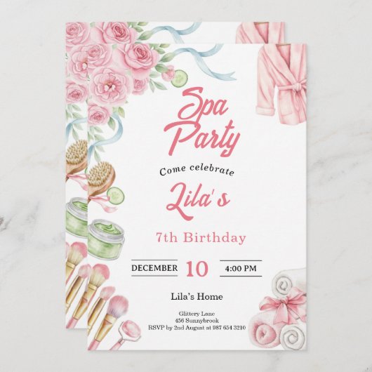 Pink Spa Party Invitation for Girl's 7th Birthday 招待状 (正面/裏面)