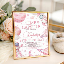 Pink Space 1st Birthday Time Capsule Sign