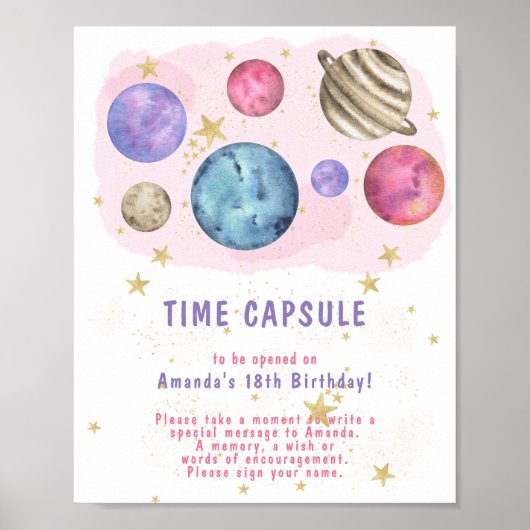 Pink Space Galaxy Time Capsule 1st birthday ポスター (正面)
