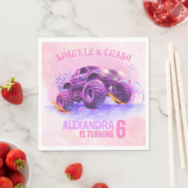 Pink Sparkle and Crash Monster Truck Girl Birthday スタンダードランチョンナプキン