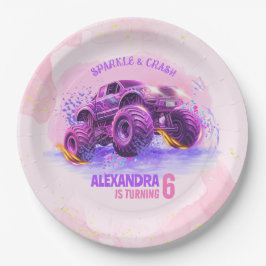Pink Sparkle and Crash Monster Truck Girl Birthday ペーパープレート