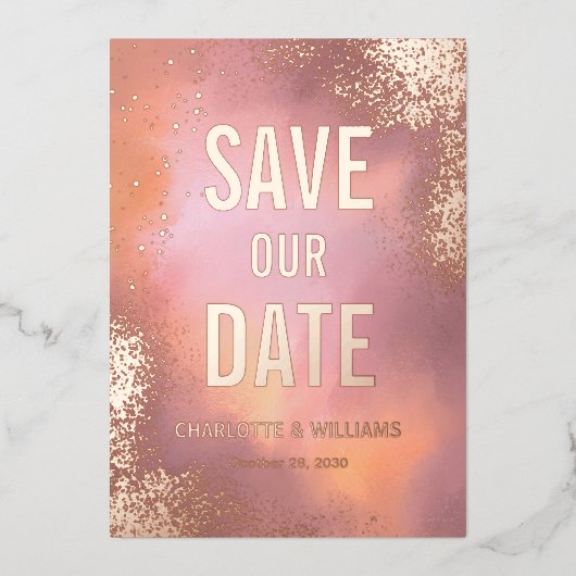 Pink Sparkle Hobreフォトオーバーレイ日付を保存 箔招待状 (正面)