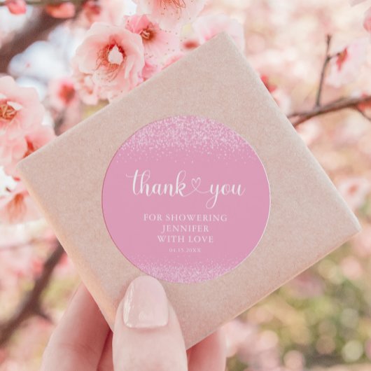 Pink Sparkle Thank You Heart Script Sticker ラウンドシール