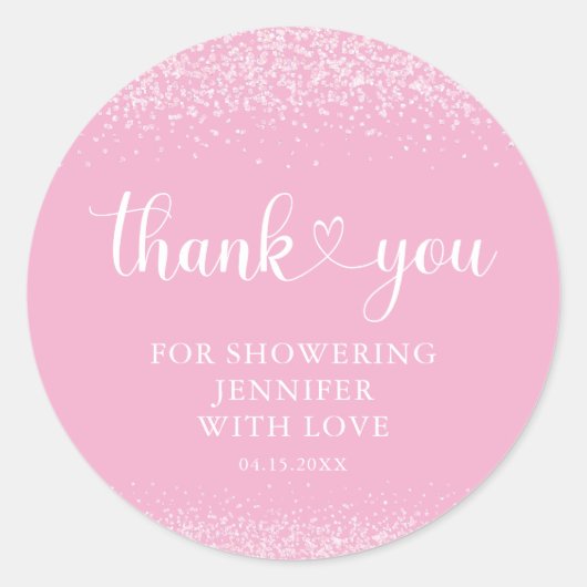Pink Sparkle Thank You Heart Script Sticker ラウンドシール (正面)