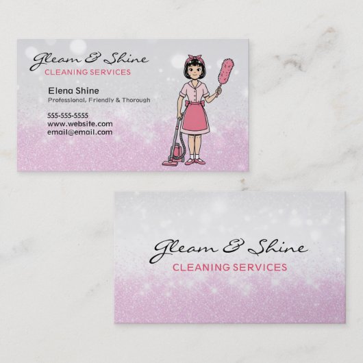 Pink Sparkles Cleaner Cleaning Lady Service 名刺 (正面/裏面)