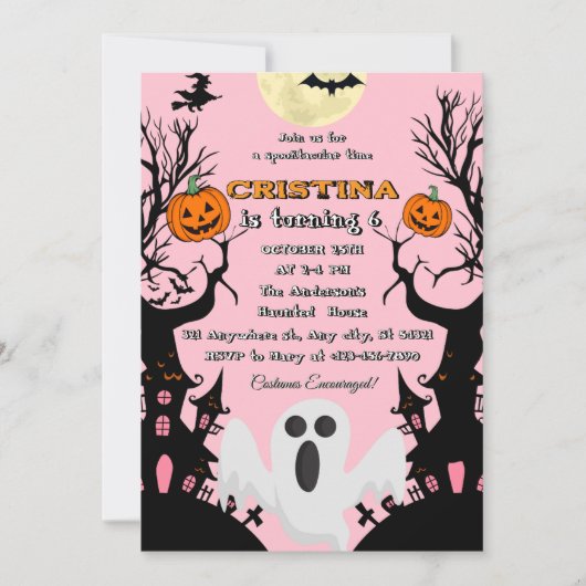 Pink Spooky Halloween Birthday 招待状 (正面)