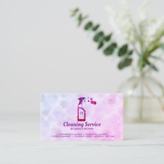 Pink Spray Bottle Bubbles Personalized Initials 名刺 (スタンド正面)