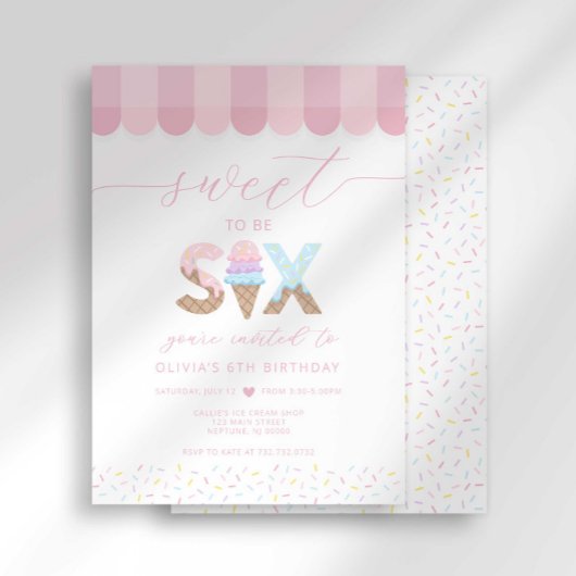 Pink Sprinkles Sweet to be 6 Ice Cream Birthday 招待状
