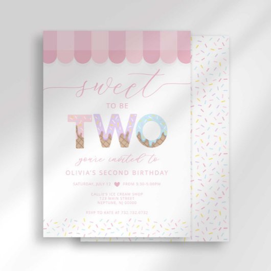 Pink Sprinkles Sweet to be Two Ice Cream Birthday 招待状