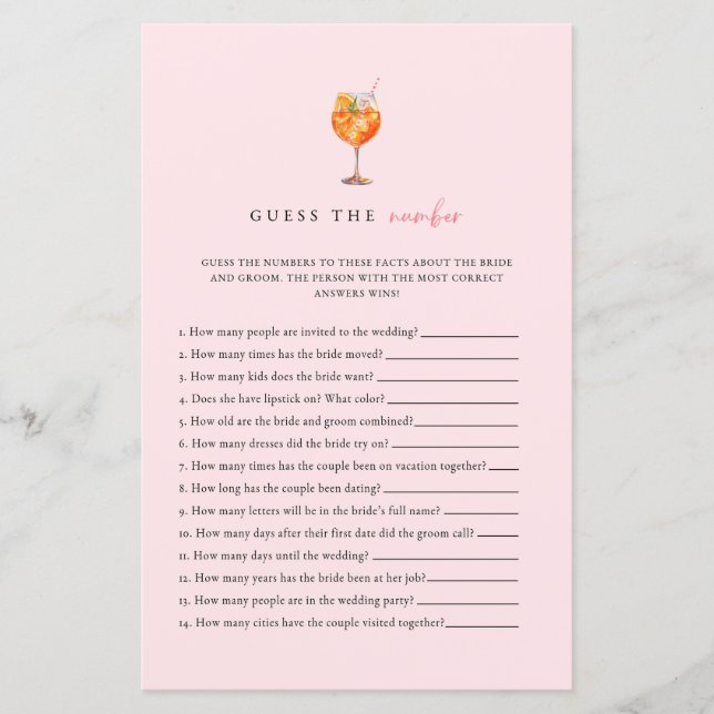 Pink Spritz Bridal Shower Guess The Number Game (正面)