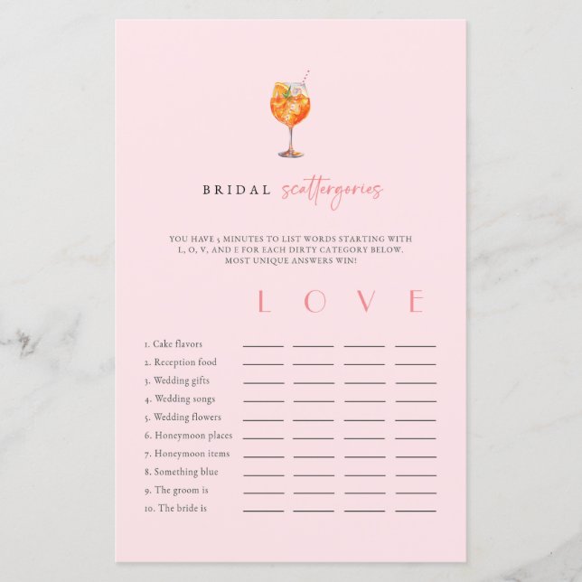 Pink Spritz Bridal Shower Scattergories Game (正面)