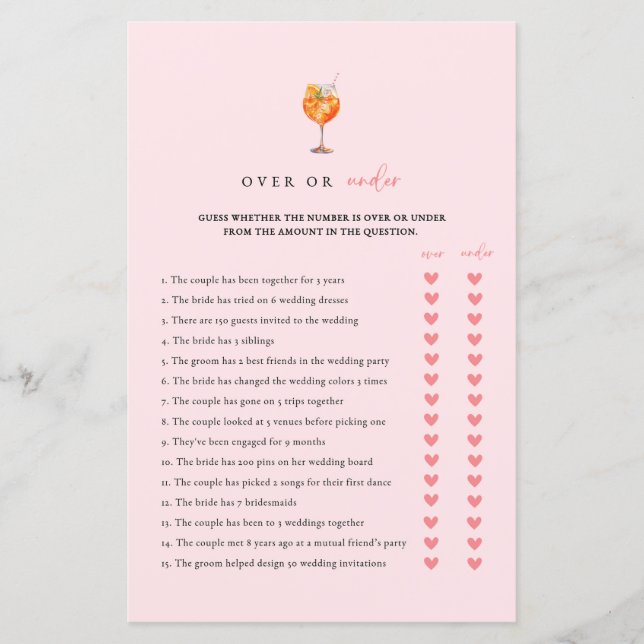 Pink Spritz Over Or Under Bridal Shower Game (正面)