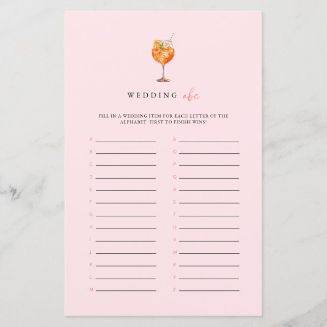 Pink Spritz Wedding ABC Bridal Shower Game (正面)