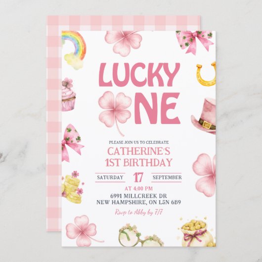Pink St Patrick Lucky One Kids First Birthday 招待状 (正面/裏面)