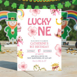 Pink St Patrick Lucky One Kids First Birthday 招待状