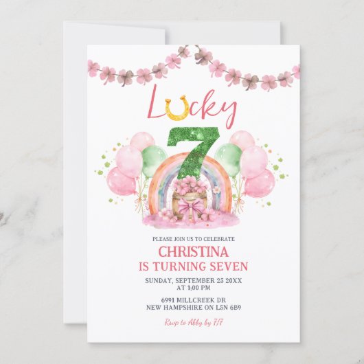 Pink St Patrick Lucky Seven Birthday Invitation 招待状 (正面)