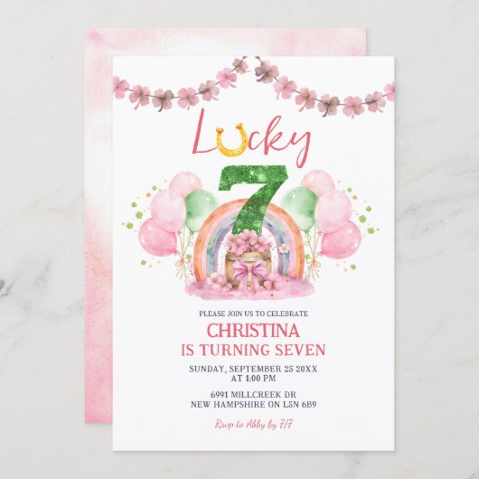 Pink St Patrick Lucky Seven Birthday Invitation 招待状 (正面/裏面)
