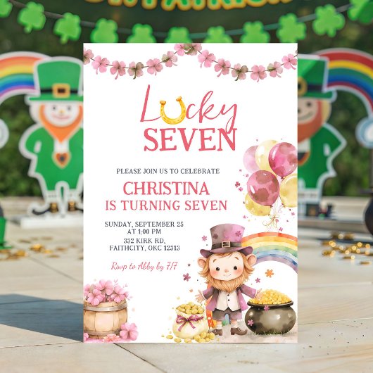 Pink St Patrick Lucky Seven Birthday Invitation 招待状