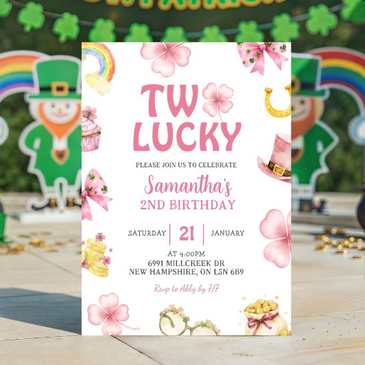 Pink St Patrick Two Lucky Birthday Invitation 招待状