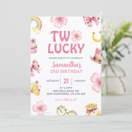 Pink St Patrick Two Lucky Birthday Invitation 招待状 (スタンド正面)
