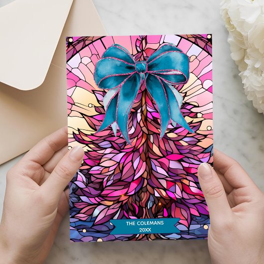 Pink stained glass coquette bow christmas tree シーズンカード