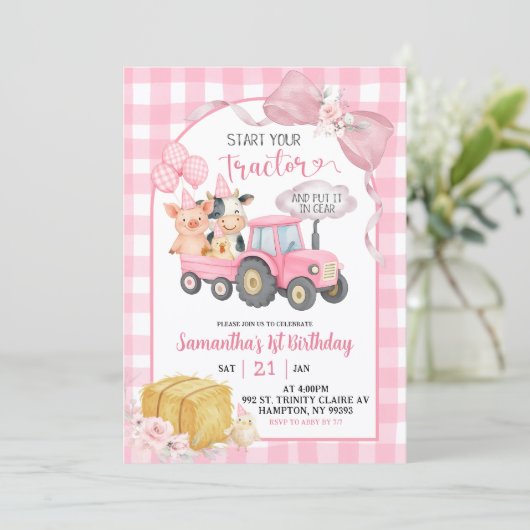 Pink Start Your Tractor Farm Animals Birthday 招待状 (スタンド正面)