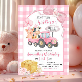 Pink Start Your Tractor Farm Animals Birthday 招待状