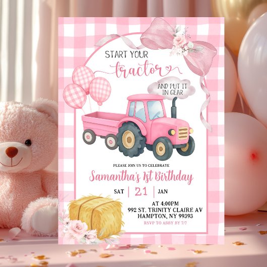 Pink Start Your Tractor Farm Theme Girl Birthday 招待状
