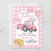 Pink Start Your Tractor Farm Theme Girl Birthday 招待状 (正面)