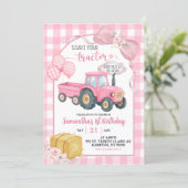 Pink Start Your Tractor Farm Theme Girl Birthday 招待状 (スタンド正面)