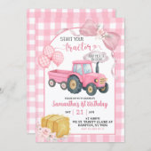 Pink Start Your Tractor Farm Theme Girl Birthday 招待状 (正面/裏面)