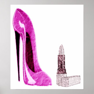Pink Stiletto Shoe and Lipstick Poster ポスター