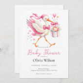 Pink Stork With Baby 招待状 (正面/裏面)