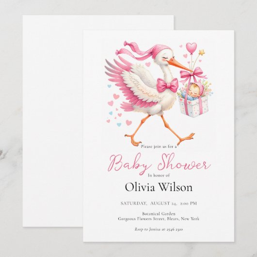 Pink Stork With Baby 招待状 (正面/裏面)
