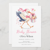 Pink Stork With Baby 招待状 (正面/裏面)