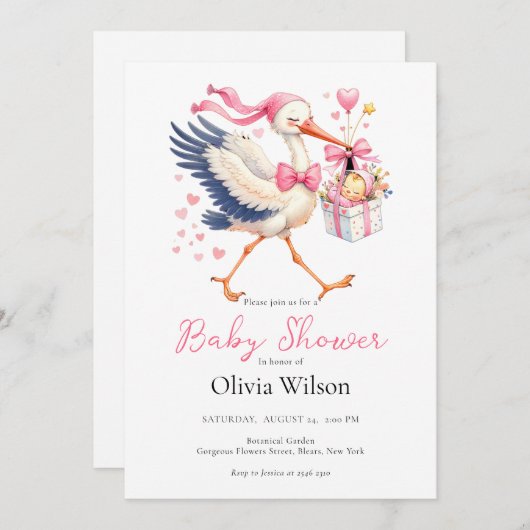 Pink Stork With Baby 招待状 (正面/裏面)