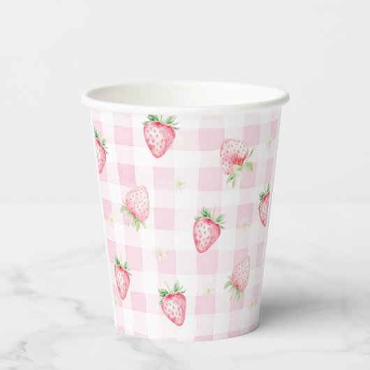 Pink Strawberries Gingham Berry 1st 2nd Birthday 紙コップ (裏面)