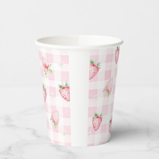 Pink Strawberries Gingham Berry 1st 2nd Birthday 紙コップ (左)