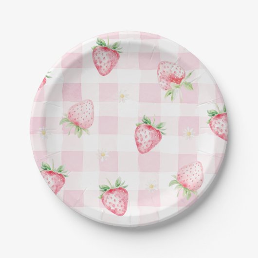 Pink Strawberries Gingham Berry First 1st Birthday ペーパープレート (正面)